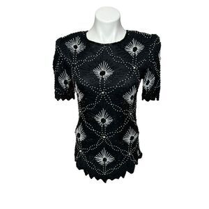 Vintage Scala silk beaded top in black and white size S